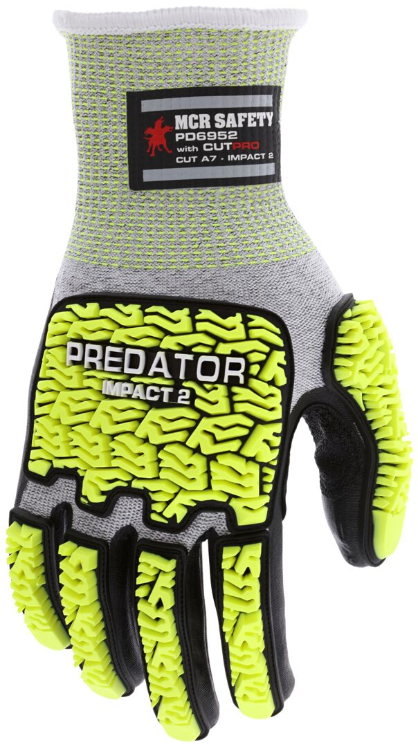 PD6952 - Predator® Mechanics Work Gloves - Hi-Visibility Impact Resistant Work Gloves - Cut Resistant HyperMax® HPPE Shell - Tire Tread TPR on Back, Fingers, and Thumb - Bi-polymer Coated Palm and Fingers - Reinforced Thumb Crotch for Prolonged Wear