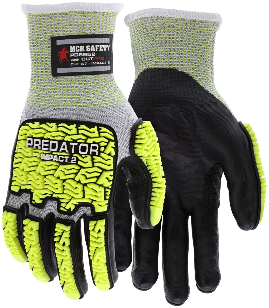 PD6952 - Predator® Mechanics Work Gloves - Hi-Visibility Impact Resistant Work Gloves - Cut Resistant HyperMax® HPPE Shell - Tire Tread TPR on Back, Fingers, and Thumb - Bi-polymer Coated Palm and Fingers - Reinforced Thumb Crotch for Prolonged Wear