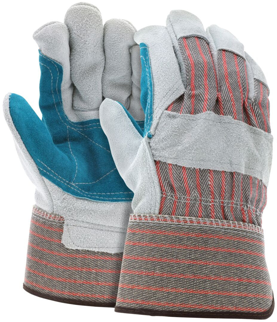 Double Palm Cowhide Split Leather Work Gloves, Rubberized Safety Cuff, Wing Thumb