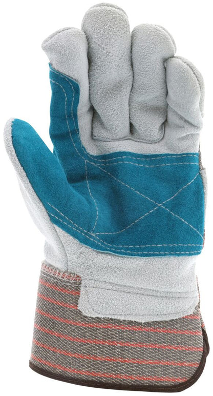 Double Palm Cowhide Split Leather Work Gloves, Rubberized Safety Cuff, Wing Thumb