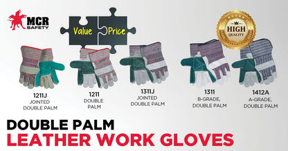 Double Palm Cowhide Split Leather Work Gloves, Rubberized Safety Cuff, Wing Thumb