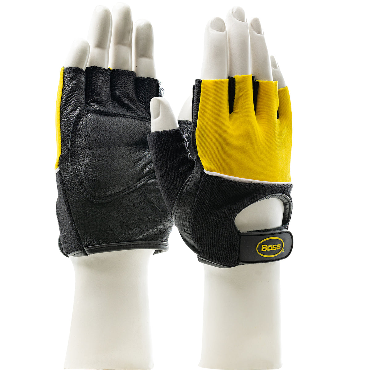 Boss® Goatskin Leather Palm with Gel + Foam Anti-Vibration Padding and Fabric Back - Half-Finger Design