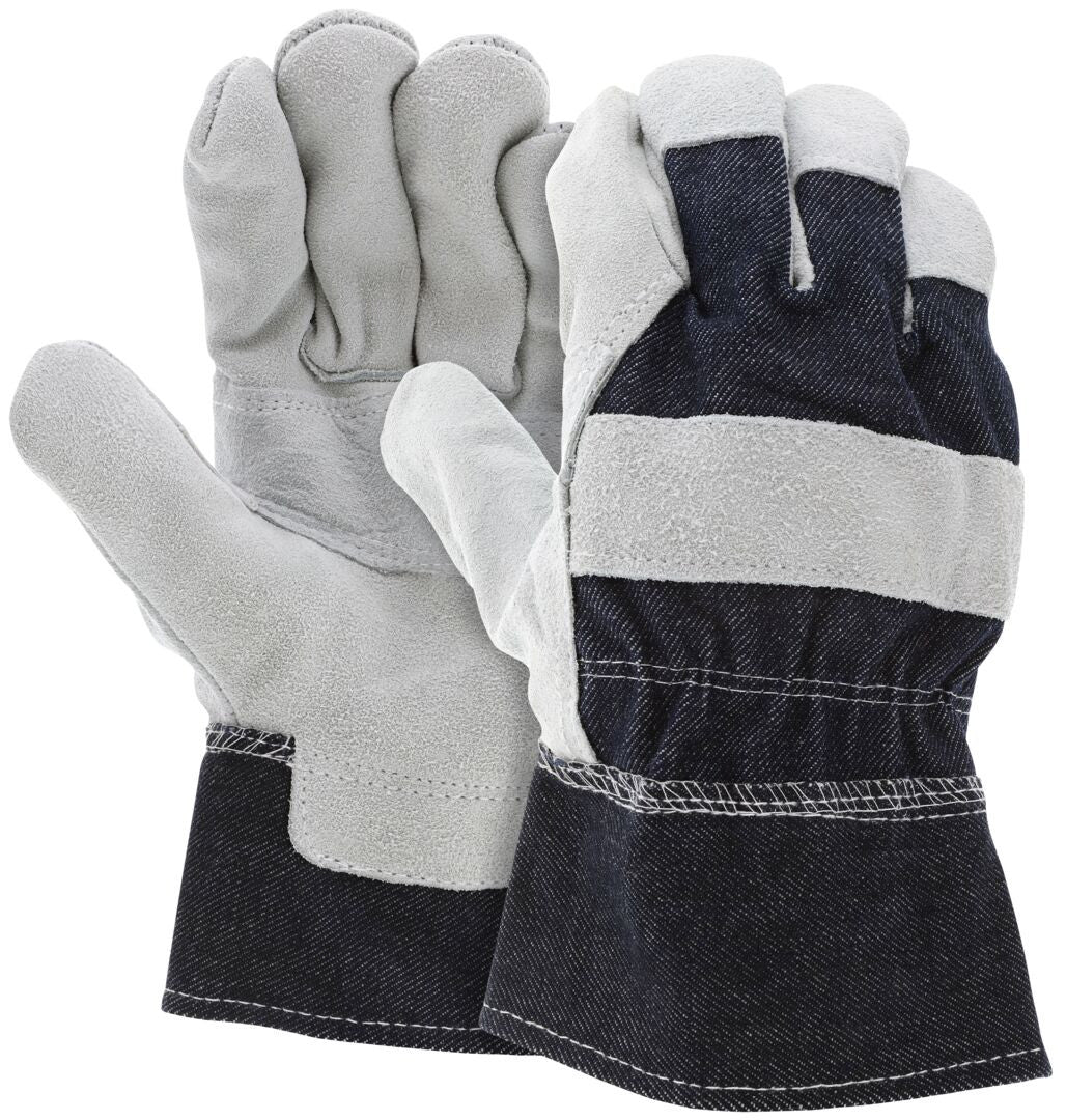 Split Cowhide Leather Palm Work Gloves, Patch Palm, Wing Thumb, Denim Safety Cuff