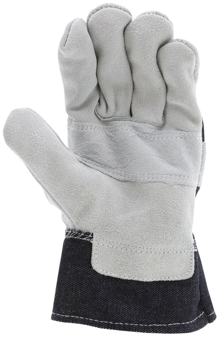 Split Cowhide Leather Palm Work Gloves, Patch Palm, Wing Thumb, Denim Safety Cuff