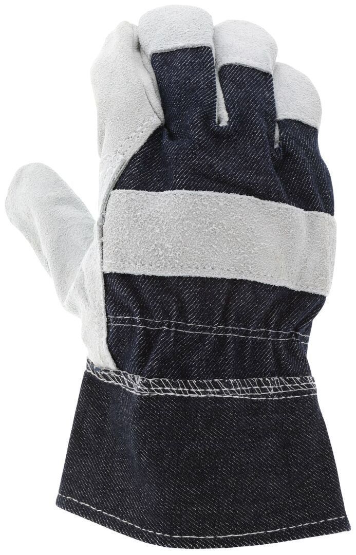Split Cowhide Leather Palm Work Gloves, Patch Palm, Wing Thumb, Denim Safety Cuff