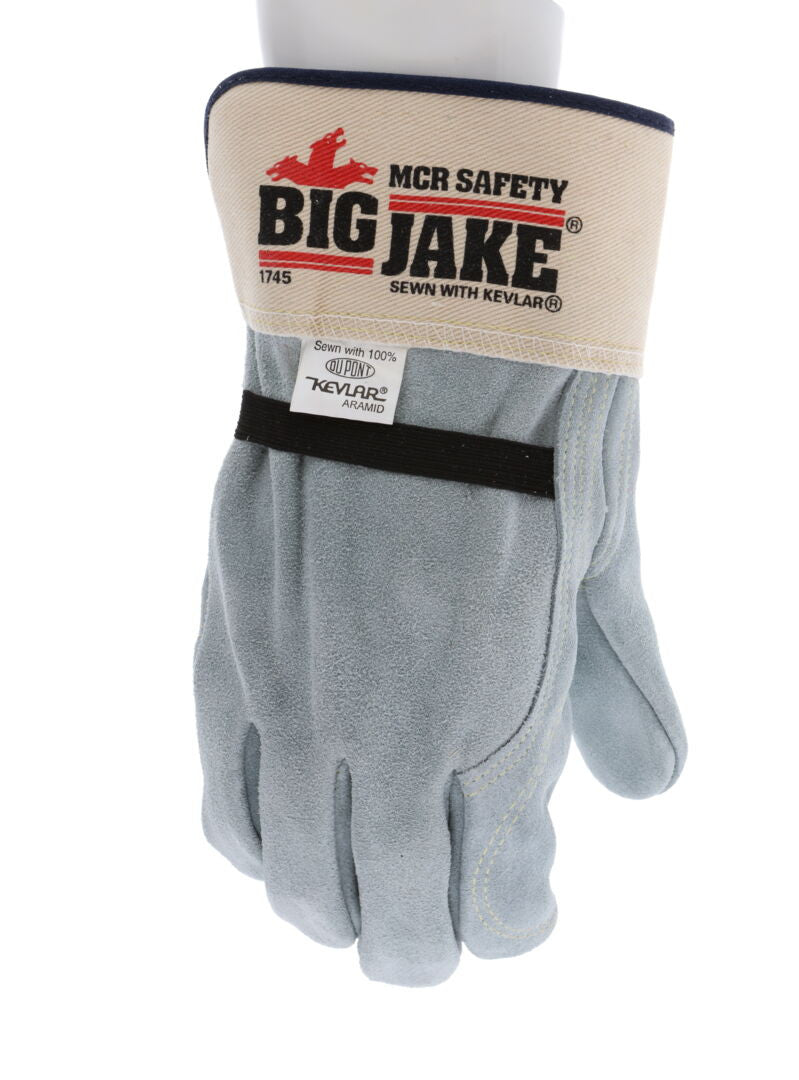 1745 - Big Jake® Series - Leather Palm Work Gloves - Inner Double Palm - Premium A+ Split Side Leather - Full Leather Back - 2.5-Inch Rubberized Safety Cuff - Elastic Strap Back - Constructed with Premium Components