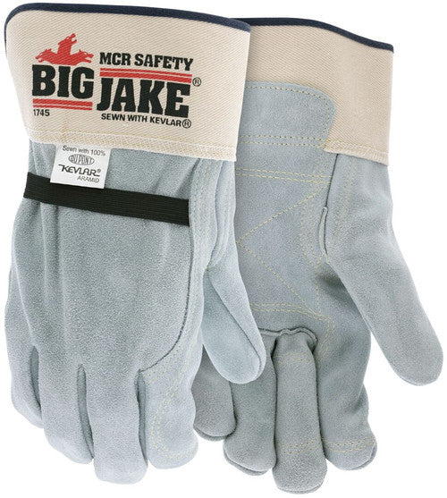 1745 - Big Jake® Series - Leather Palm Work Gloves - Inner Double Palm - Premium A+ Split Side Leather - Full Leather Back - 2.5-Inch Rubberized Safety Cuff - Elastic Strap Back - Constructed with Premium Components