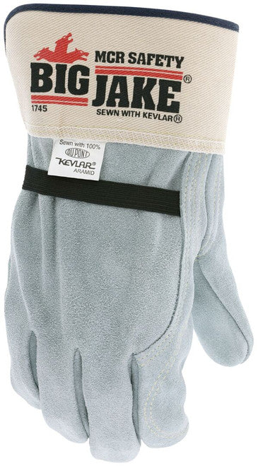 1745 - Big Jake® Series - Leather Palm Work Gloves - Inner Double Palm - Premium A+ Split Side Leather - Full Leather Back - 2.5-Inch Rubberized Safety Cuff - Elastic Strap Back - Constructed with Premium Components