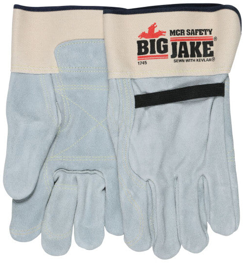 1745 - Big Jake® Series - Leather Palm Work Gloves - Inner Double Palm - Premium A+ Split Side Leather - Full Leather Back - 2.5-Inch Rubberized Safety Cuff - Elastic Strap Back - Constructed with Premium Components