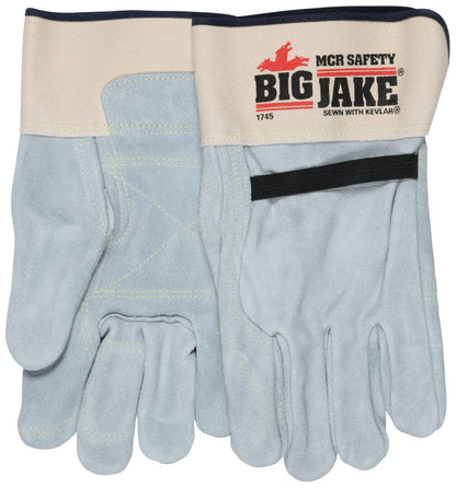 1745 - Big Jake® Series - Leather Palm Work Gloves - Inner Double Palm - Premium A+ Split Side Leather - Full Leather Back - 2.5-Inch Rubberized Safety Cuff - Elastic Strap Back - Constructed with Premium Components