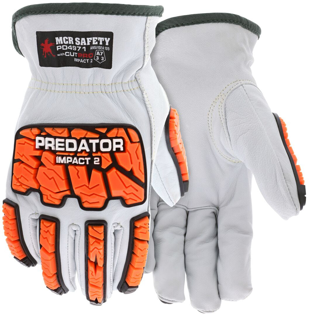 PD4971 - Predator® Mechanics Gloves - Goatskin Leather Drivers Work Gloves - Tire Tread TPR Back, Fingers, and Thumb - 360° Cut Resistant Liner - TPR Back Provides Level 2 Impact Protection