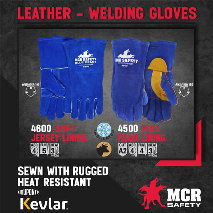 MCR Safety 4600 - MCR Safety Blue Beast - Leather Welding Work Gloves - Jersey Lined - Premium A Grade Side Split Leather - Reinforced Palm and Thumb Strap - Wing Thumb Design - Sewn with Kevlar® — Sold by Pair — manufacturer image 7