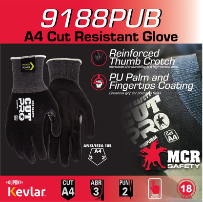 9188PUB - MCR Safety CutPro® - 18 Gauge Black Kevlar® Comfort Aramid Shell - Cut Resistant Work Gloves - Polyurethane (PU)Coated Palm and Fingertips - Reinforced Thumb Crotch