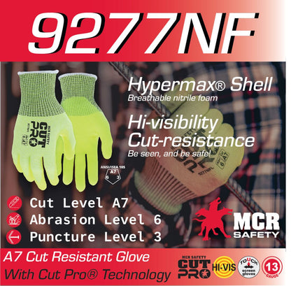 9277NF - MCR Safety CutPro® - 13 Gauge HyperMax® HPPE Shell - NFT® Coated Palm and Fingertips - Hi-Visibility Cut Resistant Work Gloves - Reinforced Thumb Crotch - BNF (Breathable Nitrile Foam) with NFT® Coating