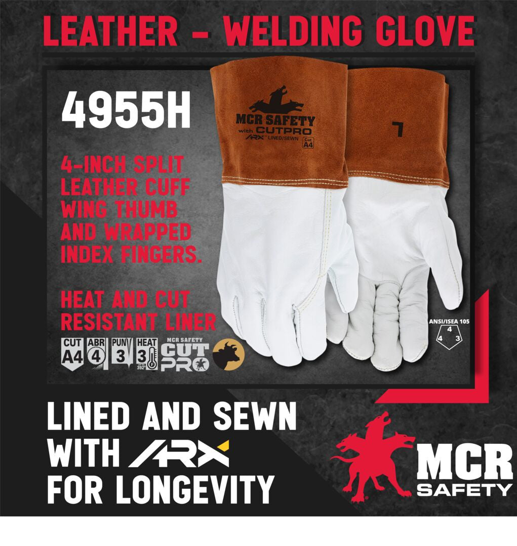 4955H - Leather Welding Work Gloves - Competitive Value (CV) C+ Grade Grain Cow Leather - 4 Inch Split Leather Bell Cuff - Lined and Sewn with ARX® Cut Resistant Material for Excellent Durability