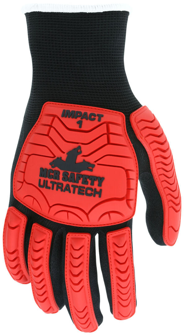 UT1950 - MCR Safety UltraTech® Mechanics Gloves - Black Sandy Nitrile Foam Palm - TPR Back of Hand Protection - 13-Gauge Nylon Shell - Hi-Vis TPR Back of Hand Provides Excellent Impact Protection