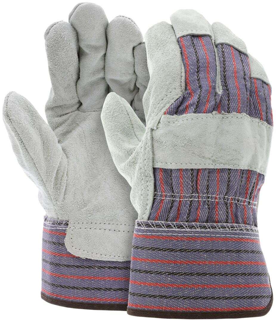 Split Leather Palm Work Gloves, Cowhide, Rubberized Safety Cuff, Wing Thumb