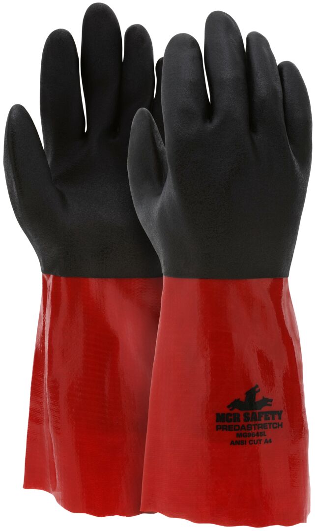 MG9645 - PredaStretch™ Work Gloves - 15-Gauge Cut-Resistant Synthetic Shell - Full Red PVC Coating - Second Black PVC Coating - 14-Inch Gauntlet Cuff - Cut-Resistant Shell with Sandy Texture for Better Grip