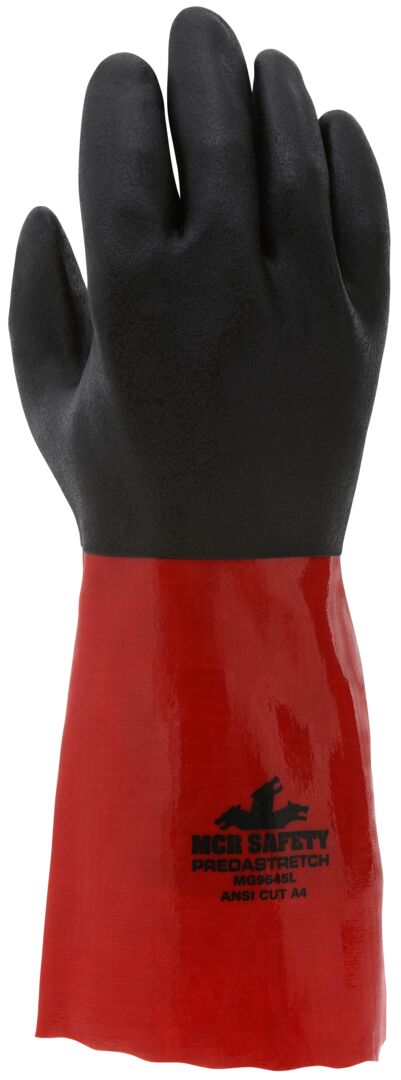 MG9645 - PredaStretch™ Work Gloves - 15-Gauge Cut-Resistant Synthetic Shell - Full Red PVC Coating - Second Black PVC Coating - 14-Inch Gauntlet Cuff - Cut-Resistant Shell with Sandy Texture for Better Grip
