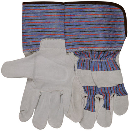 Leather Palm Gauntlet Gloves, Split Cowhide, Rubberized Safety Cuff