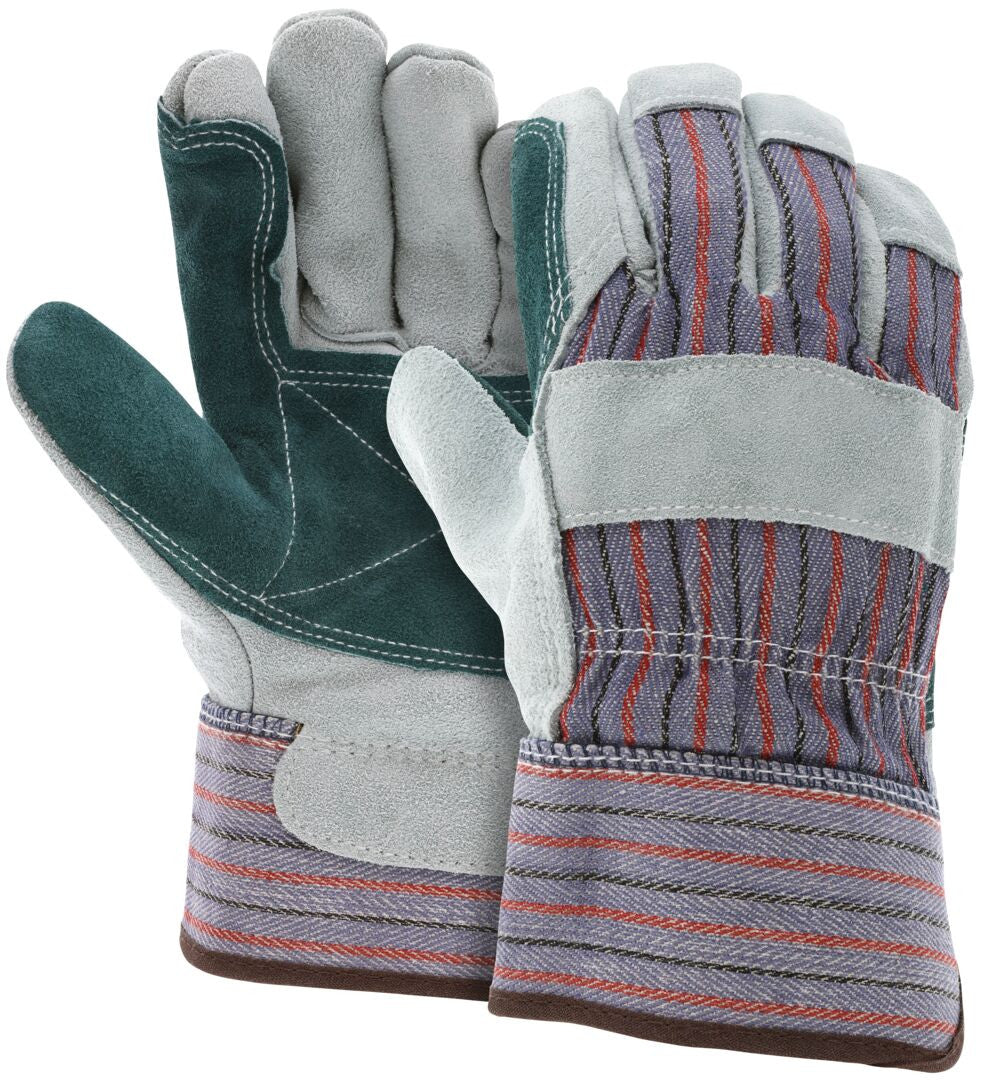 Leather Palm Work Gloves, Double Cowhide Split, Rubberized Safety Cuff