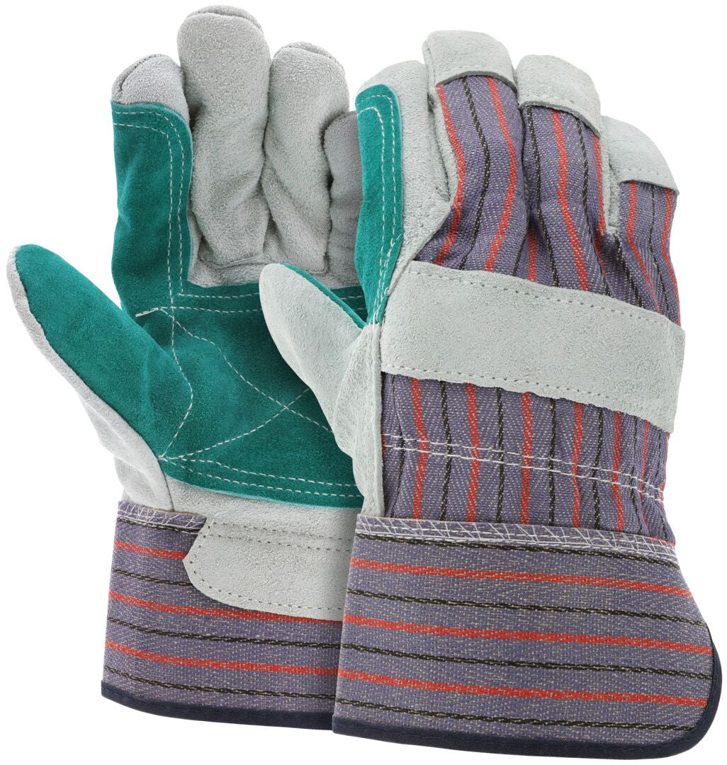 Split Leather Double Palm Work Gloves, Rubberized Safety Cuff