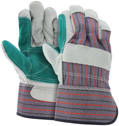 Split Leather Double Palm Work Gloves, Rubberized Safety Cuff