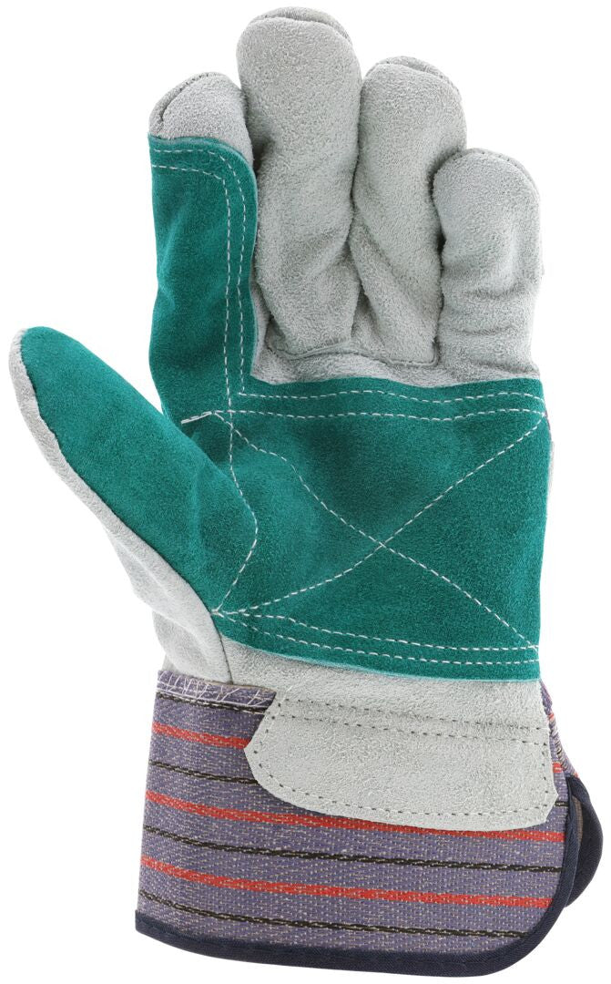 Split Leather Double Palm Work Gloves, Rubberized Safety Cuff