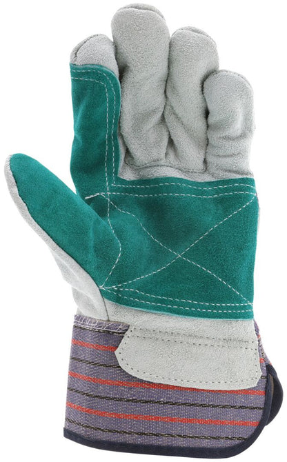 Split Leather Double Palm Work Gloves, Rubberized Safety Cuff