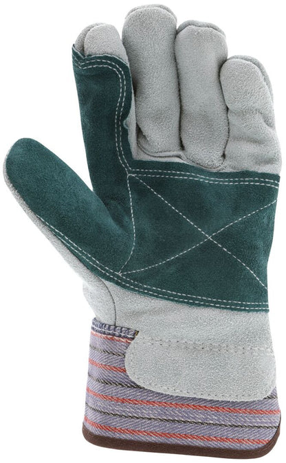 Leather Palm Work Gloves, Double Cowhide Split, Rubberized Safety Cuff