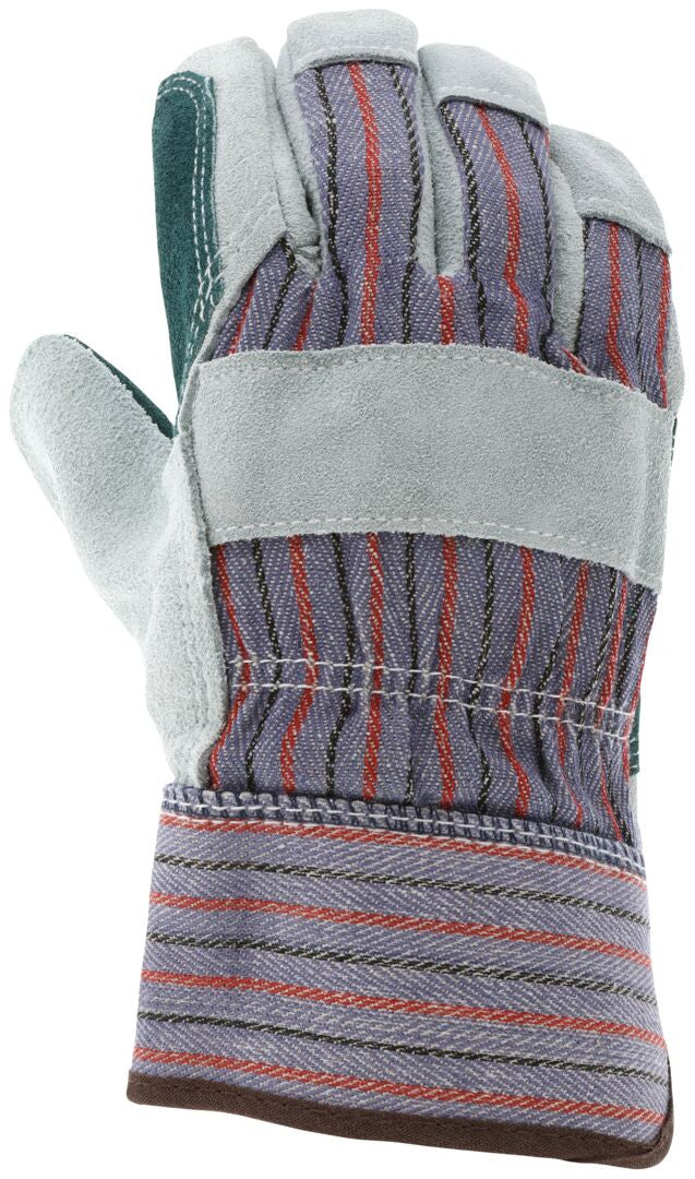Leather Palm Work Gloves, Double Cowhide Split, Rubberized Safety Cuff