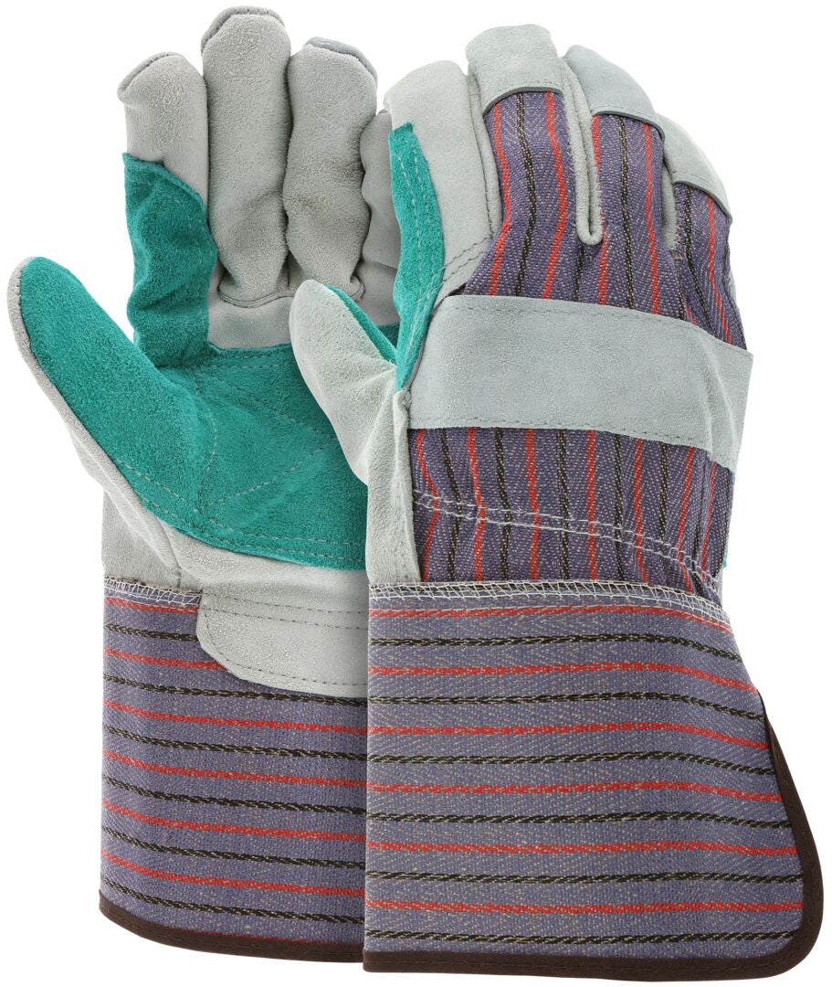 Cowhide Split Leather Double Palm Work Gloves, Gauntlet Cuff, Select B Grade
