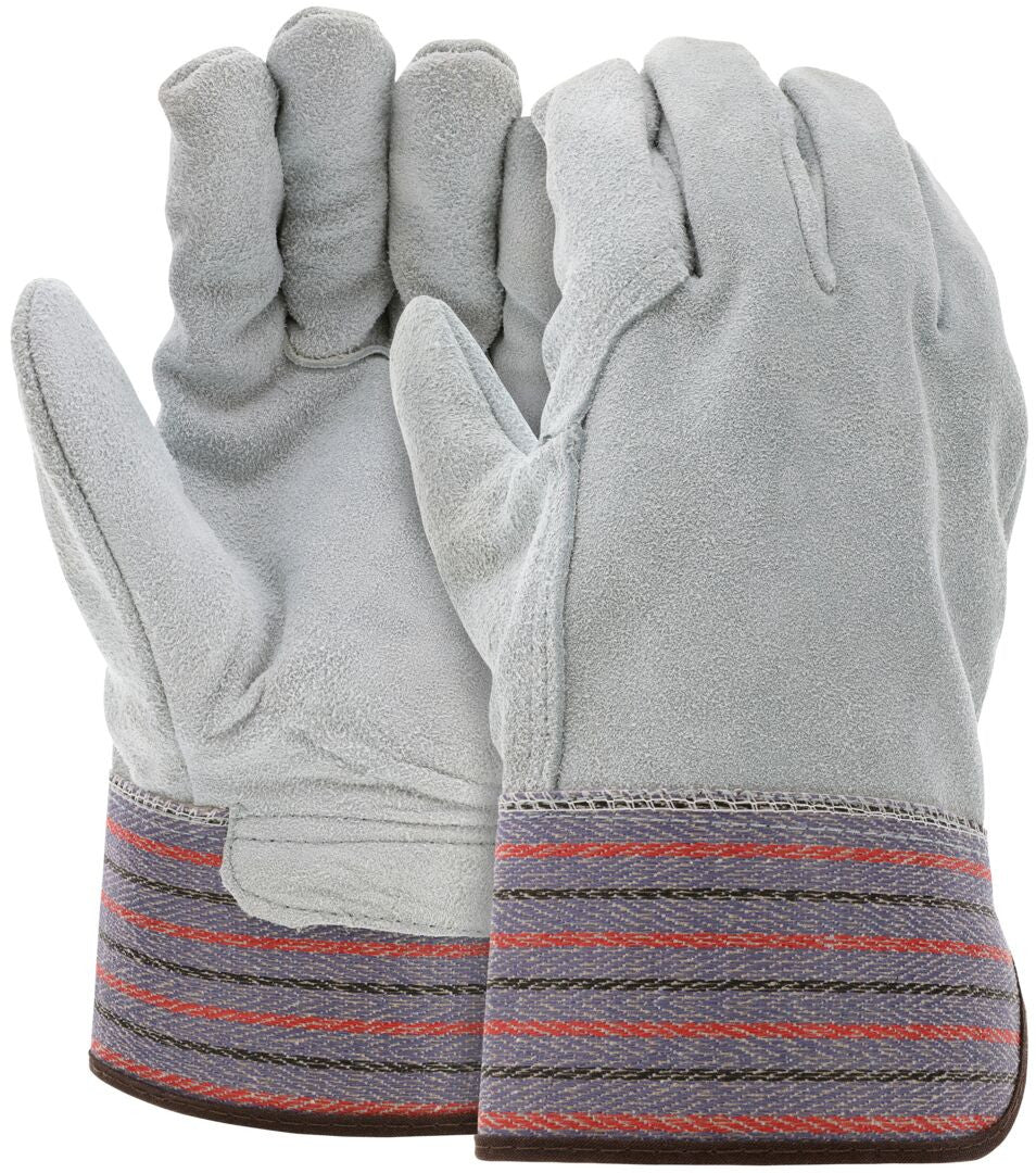 Cowhide Split Leather Work Gloves, Full Leather Back, Rubberized Safety Cuff, Wing Thumb