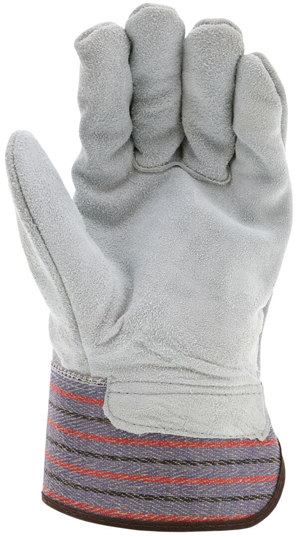 Cowhide Split Leather Work Gloves, Full Leather Back, Rubberized Safety Cuff, Wing Thumb