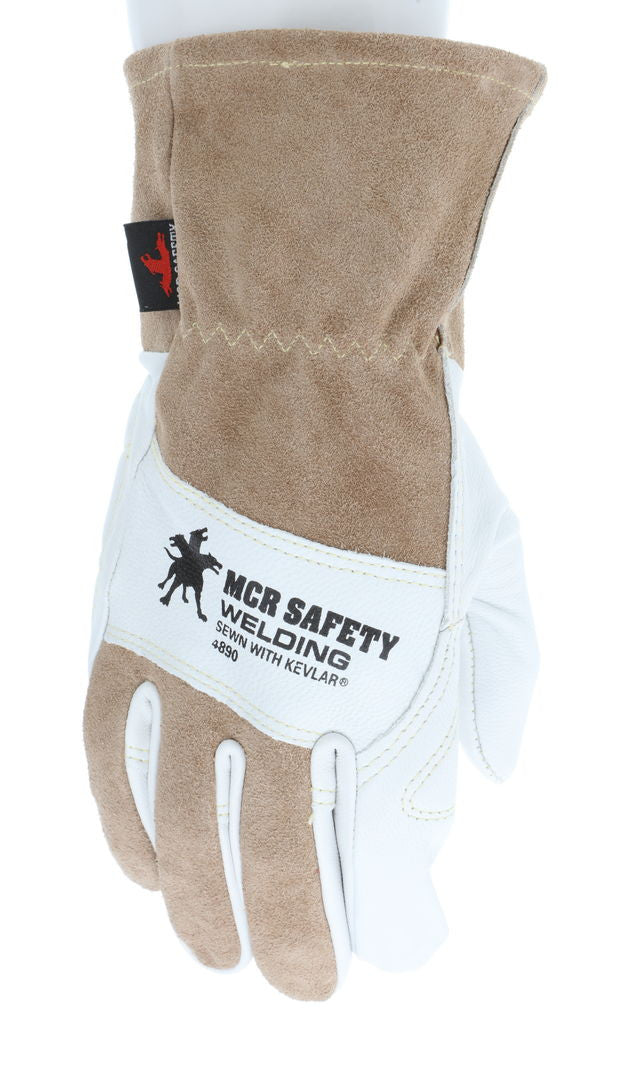 4890 - MCR Safety Welding - Premium Top Grain Goatskin Palm - Split Leather Back - 2.5 Inch Split Leather Cuff - Sewn with DuPont™ Kevlar® - Drag Patch and Knuckle Strap for Additional Protection