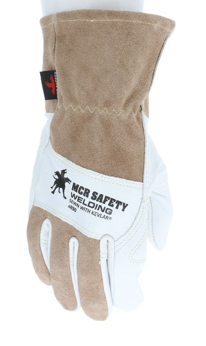 4890 - MCR Safety Welding - Premium Top Grain Goatskin Palm - Split Leather Back - 2.5 Inch Split Leather Cuff - Sewn with DuPont™ Kevlar® - Drag Patch and Knuckle Strap for Additional Protection