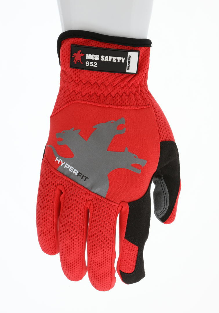 MCR Safety 952 - MCR Safety HyperFit® - Red Mechanics Work Gloves - Synthetic Leather Palm - Reflective Logo on Back - Super Stretch Knuckle Fabric - Slip-on Cuff and Reinforced Thumb Crotch for Maximum Comfort and Wear — manufacturer image 2