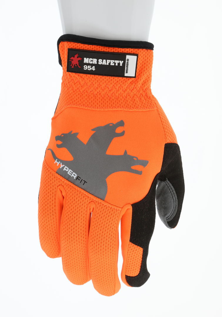 MCR Safety 954M - MCR Safety HyperFit® - Hi-Vis Orange Mechanics Work Gloves - Synthetic Leather Palm - Reflective Logo on Back - Super Stretch Knuckle Fabric - Slip-on Cuff and Reinforced Thumb Crotch for Maximum Comfort and Wear — manufacturer image 2