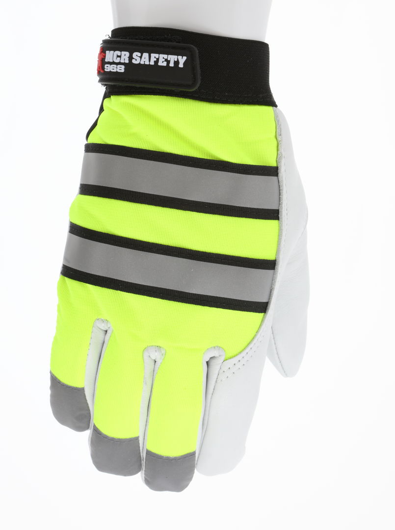 968 - MCR Safety Mechanics Gloves - Insulated Grain Goatskin Palm - Fluorescent Lime Back with Reflective Stripes - Lined with Thermosock® for Cold Weather Protection