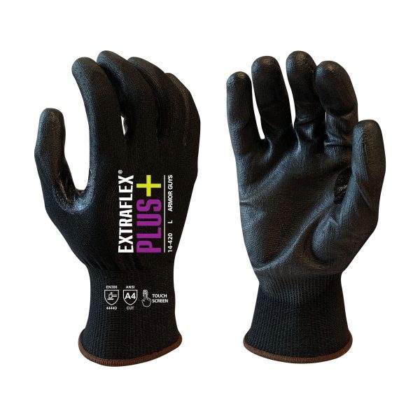 18 Gauge, ExtraFlex Plus® Black Engineered Liner With Black PU Palm Coating, Thumb Croth Reinforcement, Touch Screen, ANSI 4