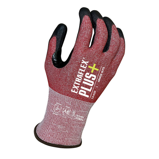 Armor Guys 14-620-XS 15 Gauge, ExtraFlex Plus® Red Engineered Liner With Black PU Palm Coating, Thumb Croth Reinforcement, Touch Screen, ANSI 6 – Cut Level A6, 15-Gauge, Polyurethane Workwear & Apparel PPE