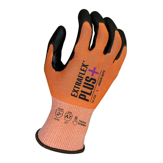 Armor Guys 14-720-XS 15 Gauge, ExtraFlex Plus® Orange Engineered Liner With Black PU Palm Coating, Thumb Croth Reinforcement, Touch Screen, ANSI 6 – Cut Level A7, 15-Gauge, Polyurethane Workwear & Apparel PPE