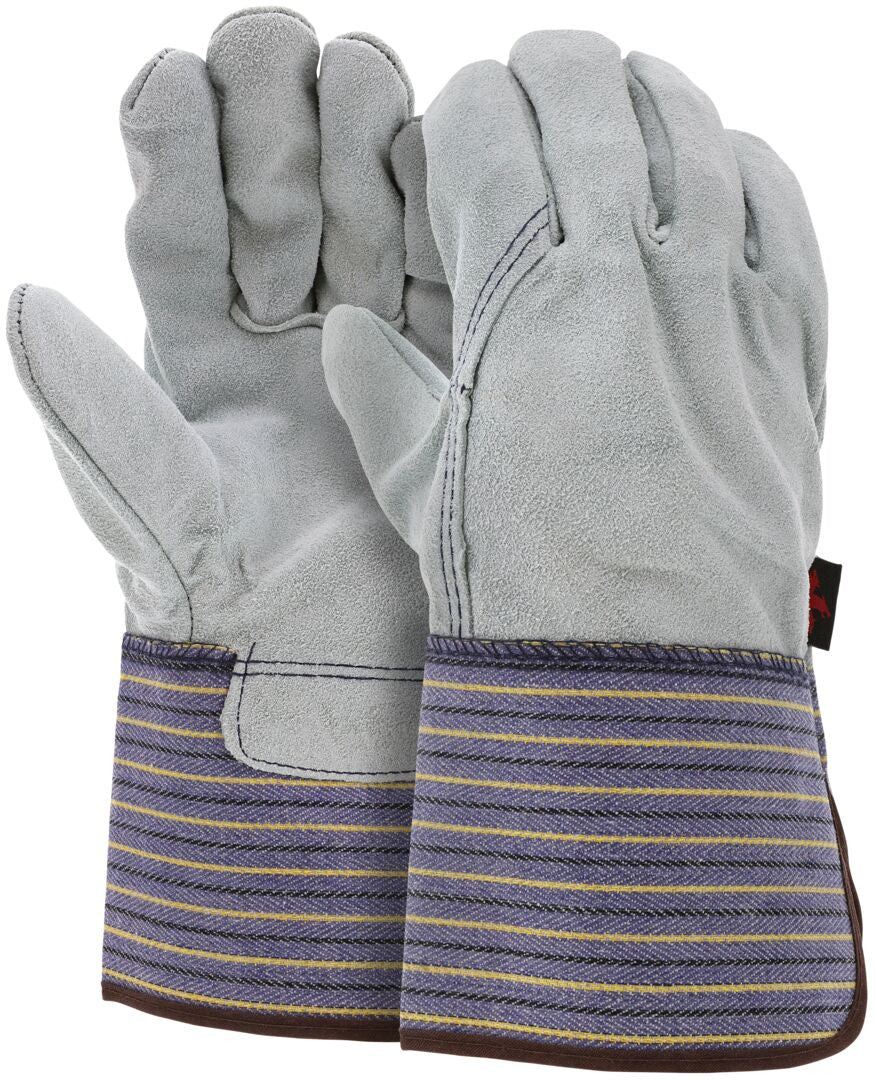 Leather Palm Work Gloves, Split Cowhide, Select B+ Grade, Plasticized Gauntlet Cuff