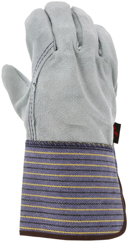 Leather Palm Work Gloves, Split Cowhide, Select B+ Grade, Plasticized Gauntlet Cuff