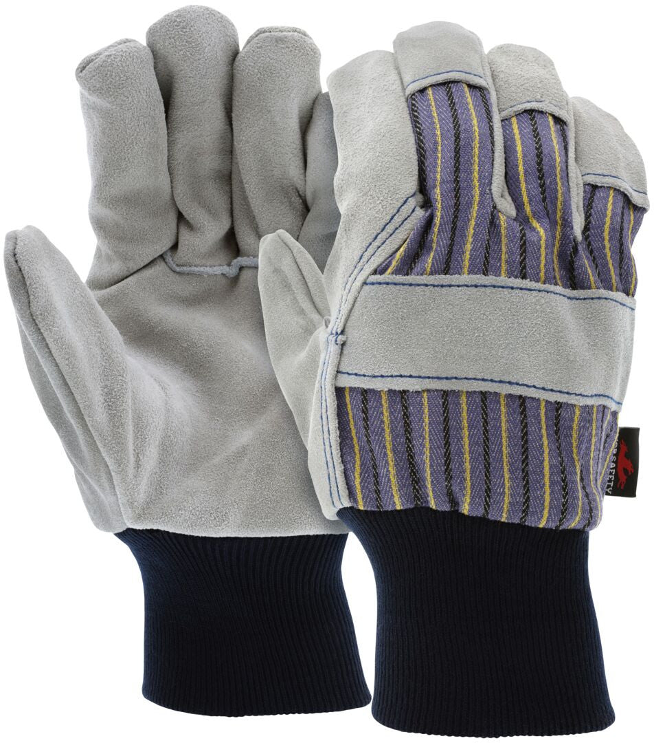 Leather Palm Work Gloves, Split Cowhide, Select B+ Grade, Knit Wrist