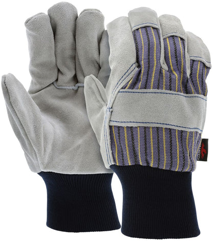 Leather Palm Work Gloves, Split Cowhide, Select B+ Grade, Knit Wrist