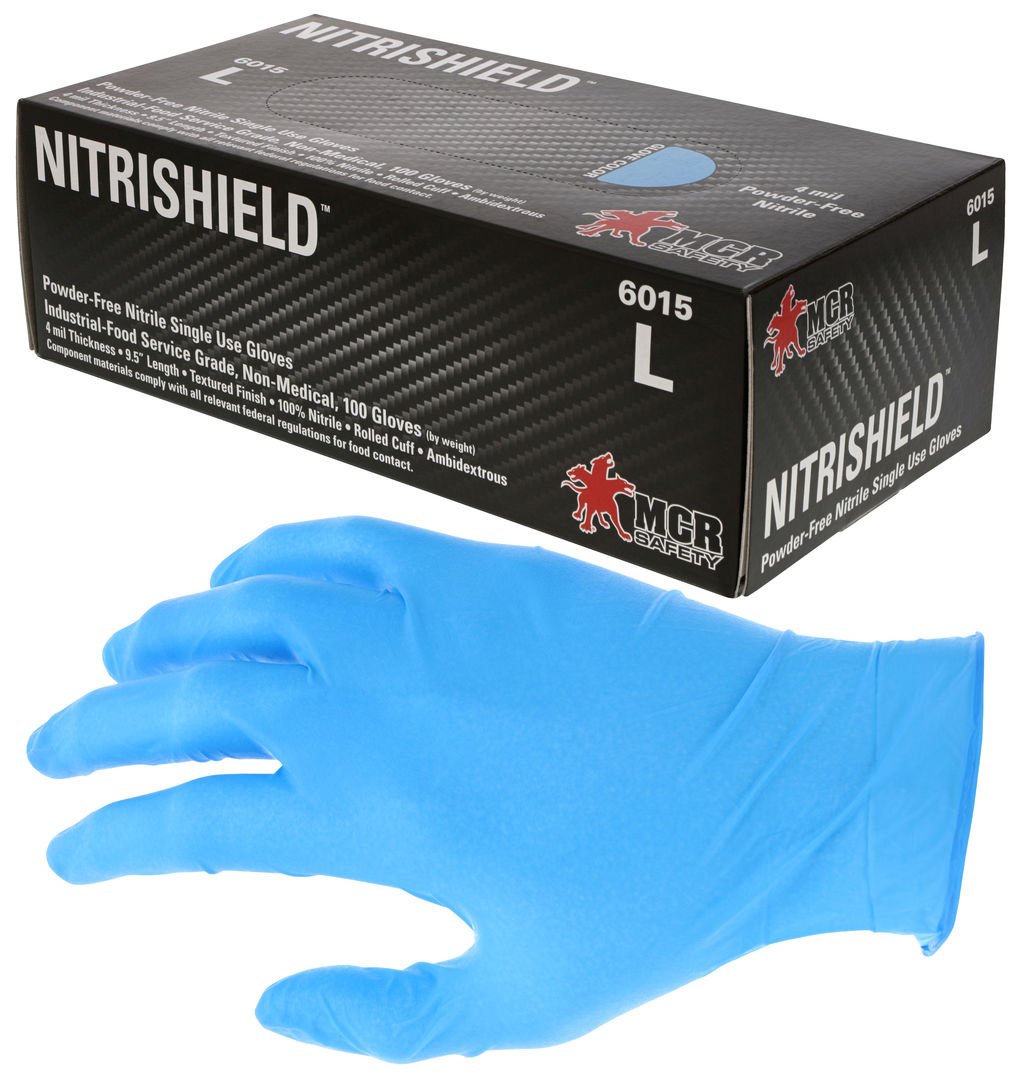 6015 - NitriShield™ Gloves - 4 mil (5.5 g) Powder Free Disposable Nitrile - Industrial Food Service Grade - Textured Finish - 9.5 Inches Long - Blue - Component Materials Comply With all Federal Regulations for Food Contact