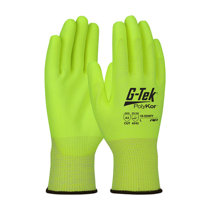 G-Tek® PolyKor®: Hi-Vis Seamless Knit PolyKor® Blended Glove with Polyurethane Coated Flat Grip on Palm & Fingers