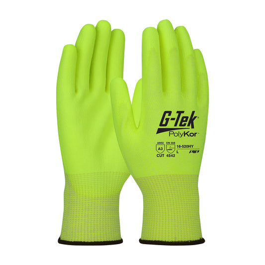 G-Tek® PolyKor®: Hi-Vis Seamless Knit PolyKor® Blended Glove with Polyurethane Coated Flat Grip on Palm & Fingers