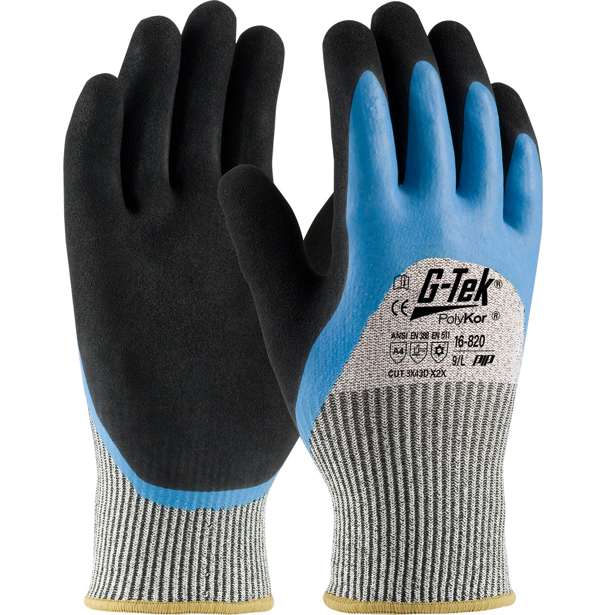 G-Tek 16-820 – Seamless Knit PolyKor® Blend Glove with Acrylic Lining and Double-Dip Latex MicroSurface Grip on Palm, Fingers & Knuckles